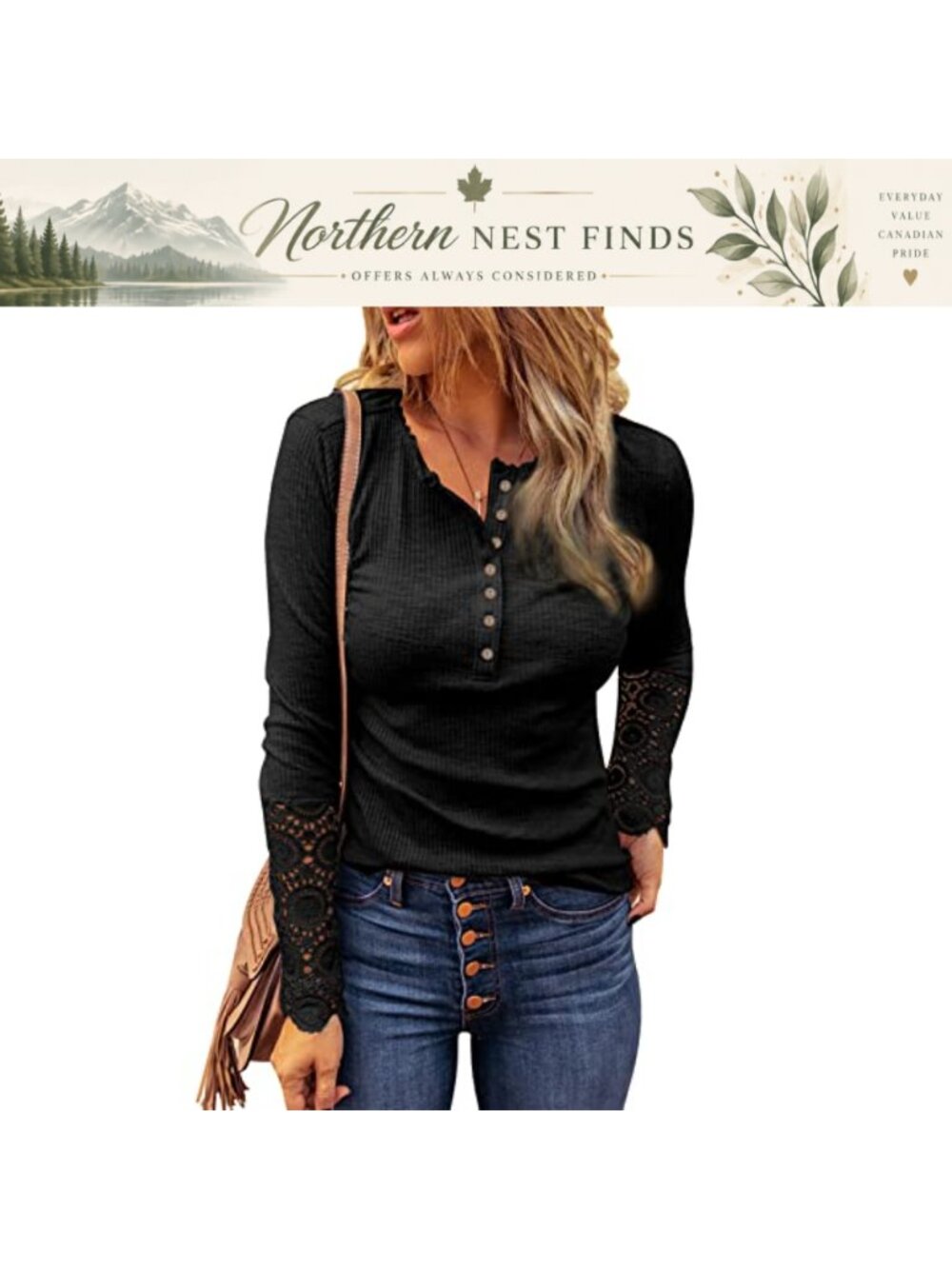 Ribbed Knit Tunic Top V-Neck Button Down Lace Sleeve Casual